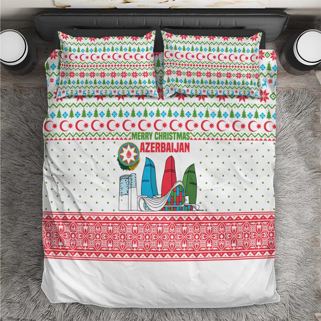Azerbaijan Christmas Bedding Set with Baku Skyline Azerbaijan Flag and Red Green Snowflake Pattern Design - Wonder Print Shop