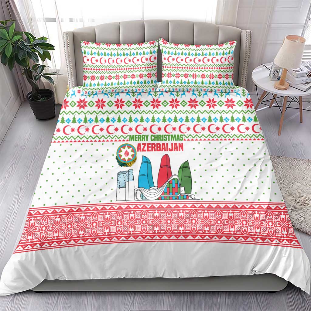 Azerbaijan Christmas Bedding Set with Baku Skyline Azerbaijan Flag and Red Green Snowflake Pattern Design - Wonder Print Shop