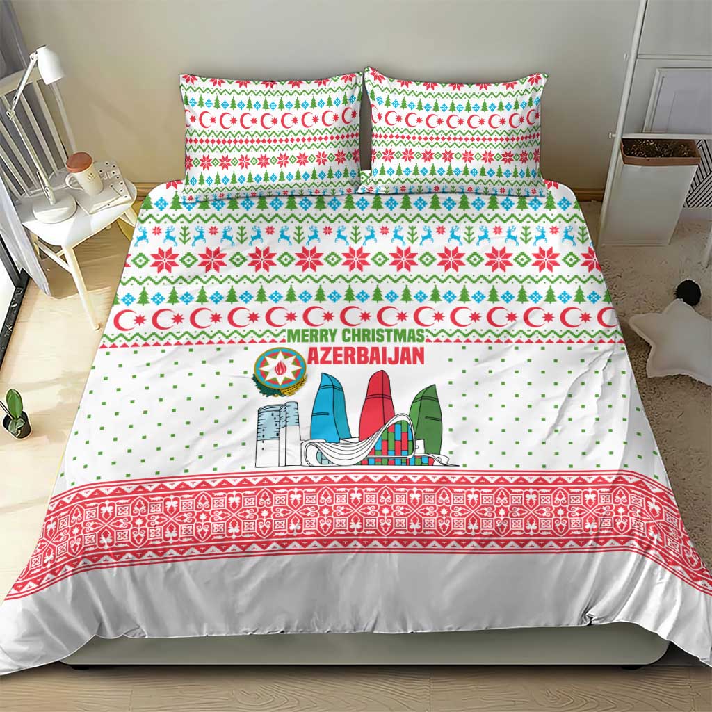 Azerbaijan Christmas Bedding Set with Baku Skyline Azerbaijan Flag and Red Green Snowflake Pattern Design - Wonder Print Shop