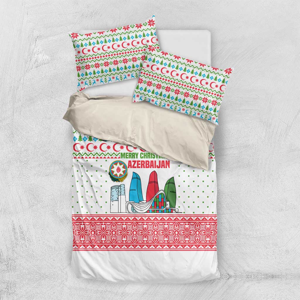 Azerbaijan Christmas Bedding Set with Baku Skyline Azerbaijan Flag and Red Green Snowflake Pattern Design - Wonder Print Shop