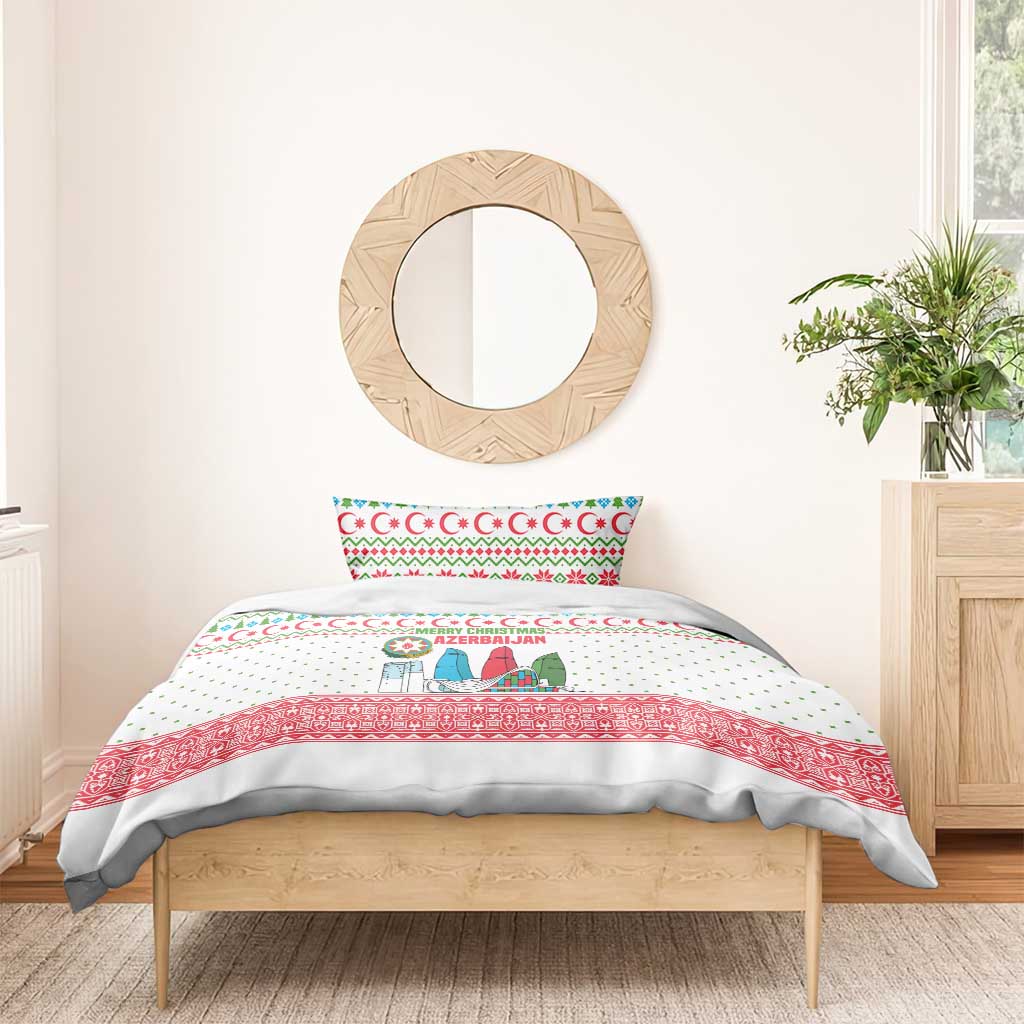 Azerbaijan Christmas Bedding Set with Baku Skyline Azerbaijan Flag and Red Green Snowflake Pattern Design - Wonder Print Shop