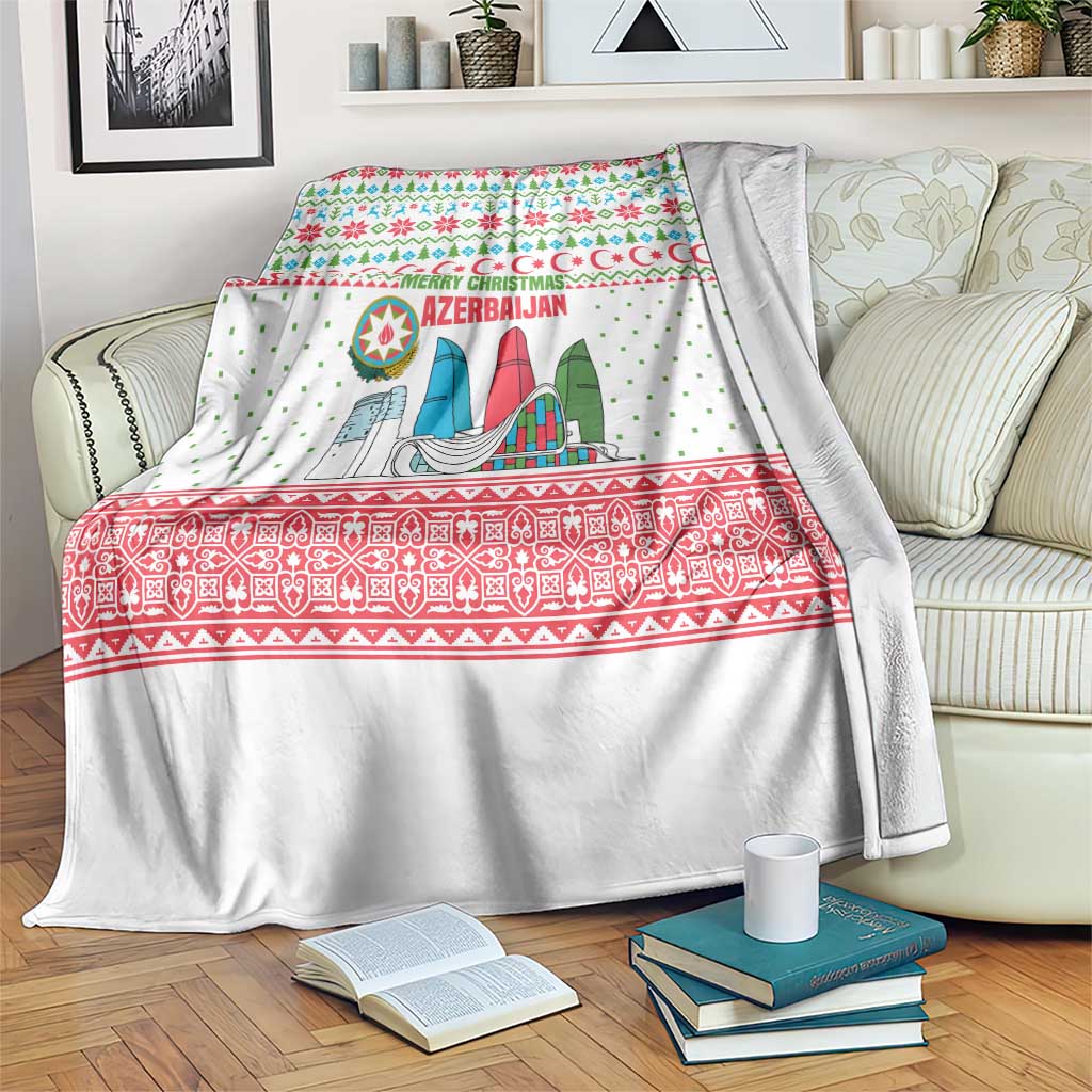 Azerbaijan Christmas Blanket with Baku Skyline Azerbaijan Flag and Red Green Snowflake Pattern Design - Wonder Print Shop
