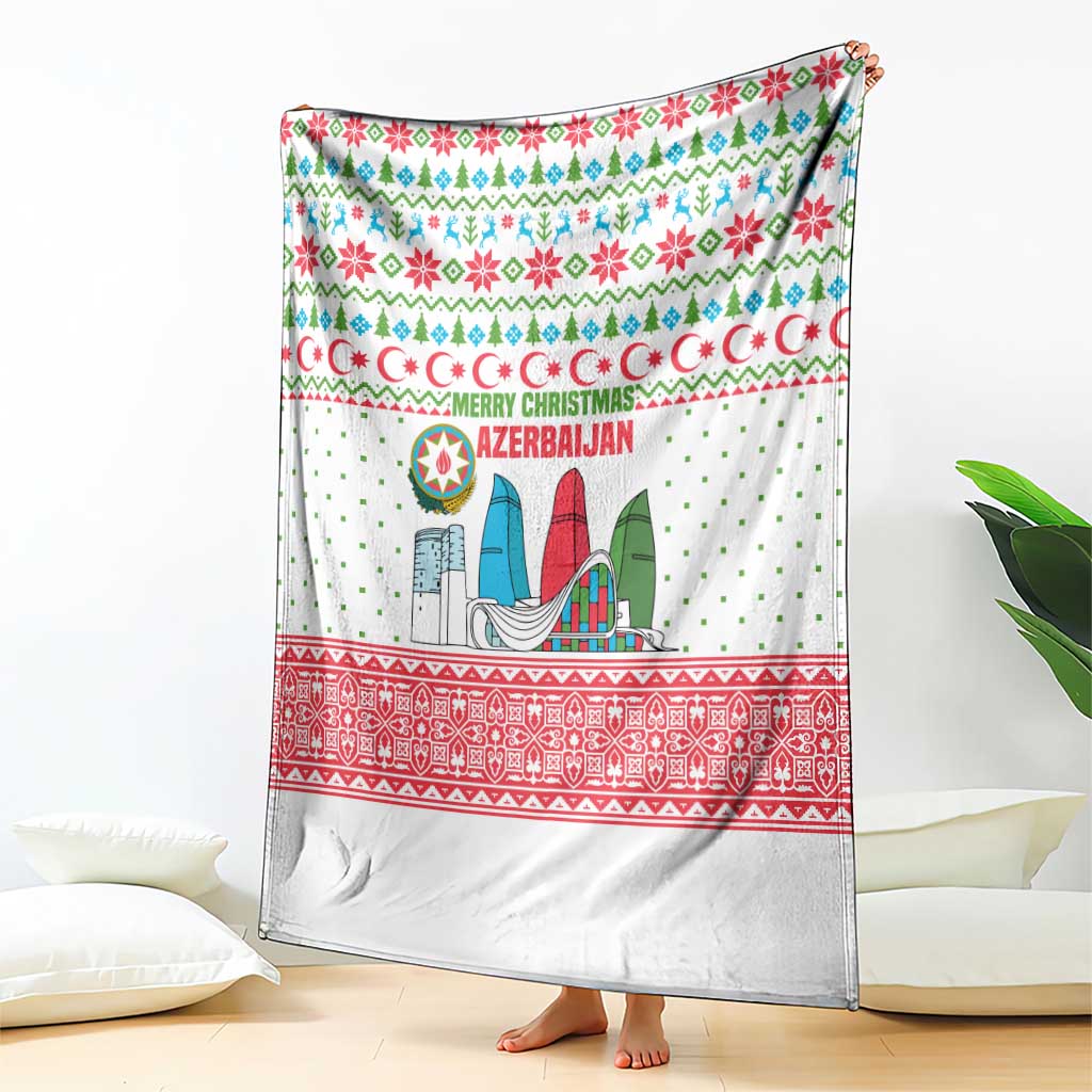 Azerbaijan Christmas Blanket with Baku Skyline Azerbaijan Flag and Red Green Snowflake Pattern Design - Wonder Print Shop