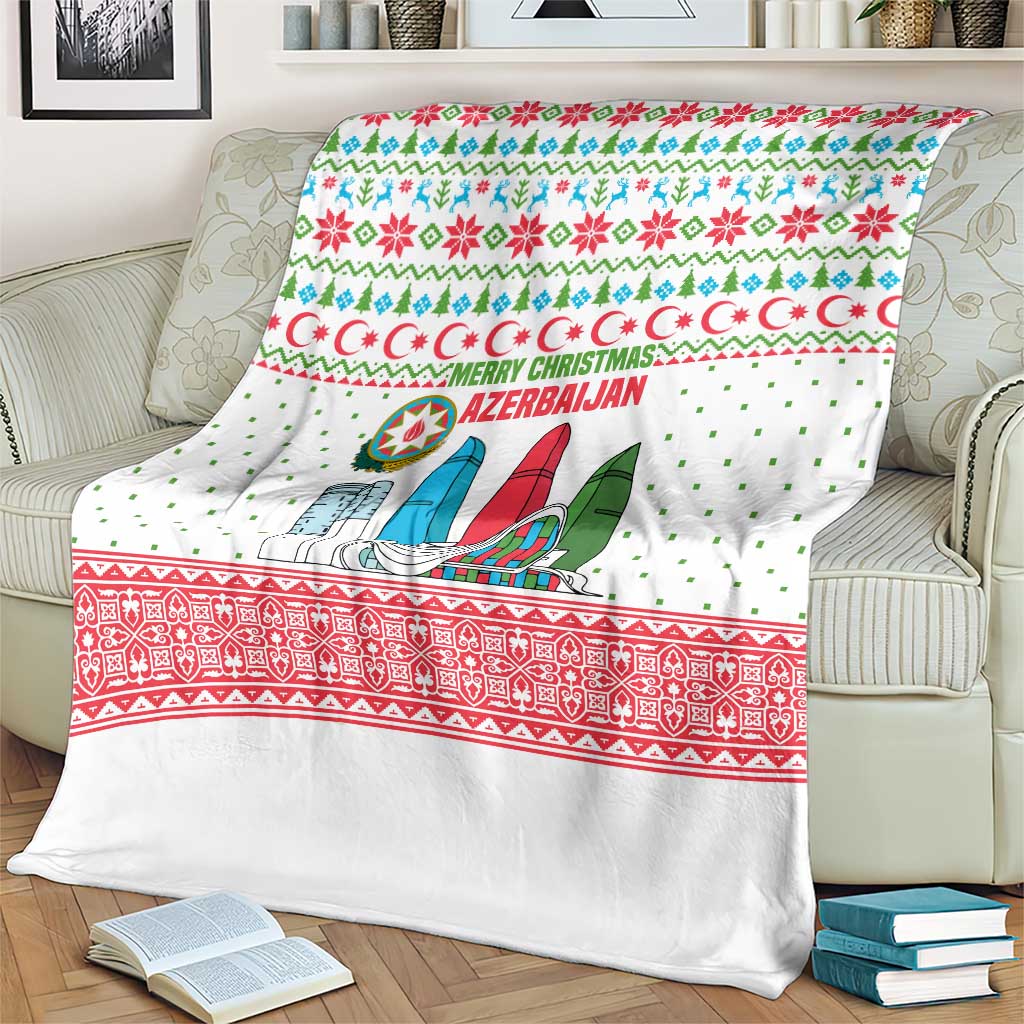 Azerbaijan Christmas Blanket with Baku Skyline Azerbaijan Flag and Red Green Snowflake Pattern Design - Wonder Print Shop