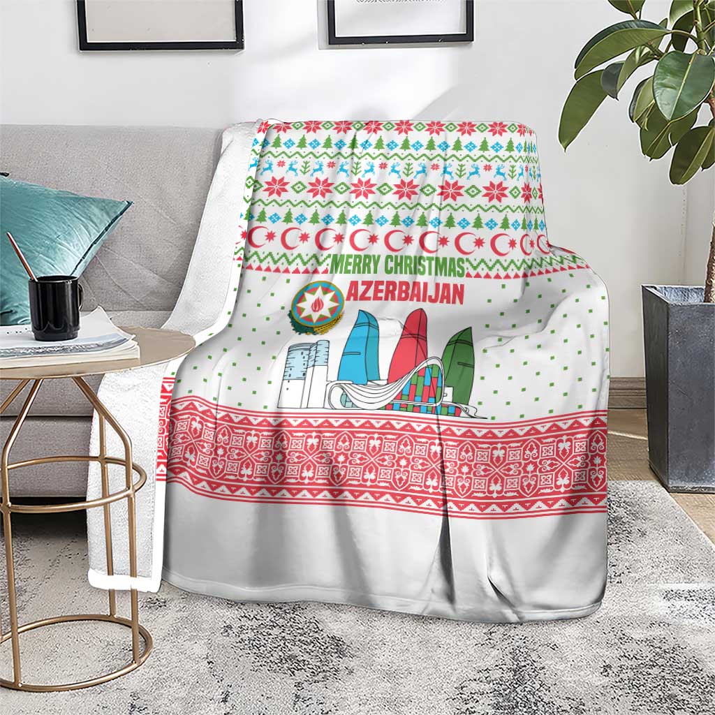 Azerbaijan Christmas Blanket with Baku Skyline Azerbaijan Flag and Red Green Snowflake Pattern Design - Wonder Print Shop