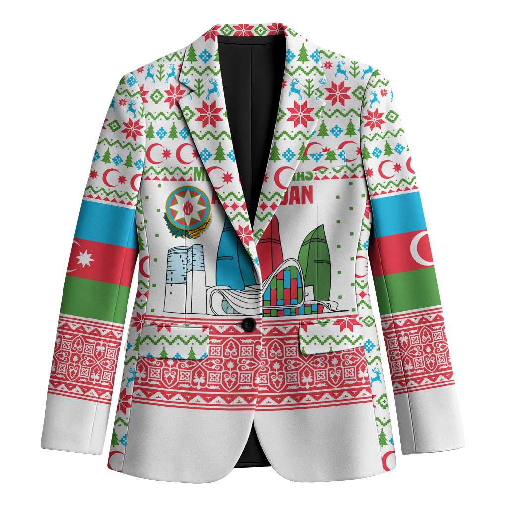 Azerbaijan Christmas Blazer with Baku Skyline Azerbaijan Flag and Red Green Snowflake Pattern Design - Wonder Print Shop