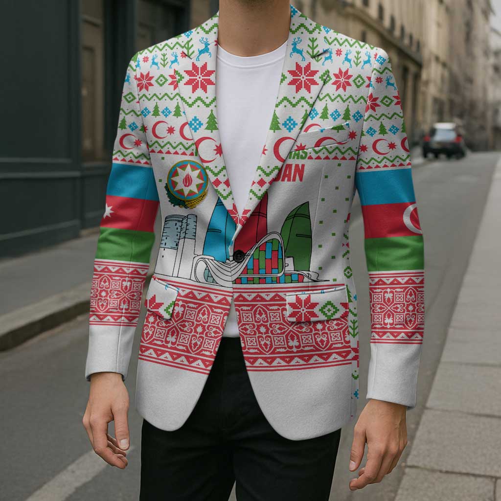 Azerbaijan Christmas Blazer with Baku Skyline Azerbaijan Flag and Red Green Snowflake Pattern Design - Wonder Print Shop