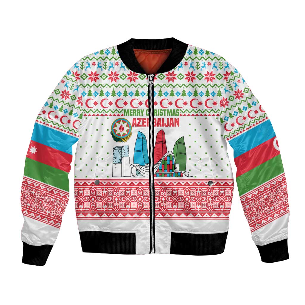 Azerbaijan Christmas Bomber Jacket with Baku Skyline Azerbaijan Flag and Red Green Snowflake Pattern Design - Wonder Print Shop