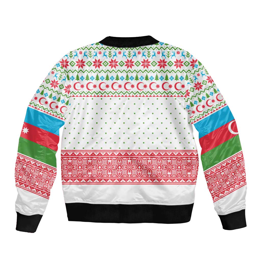 Azerbaijan Christmas Bomber Jacket with Baku Skyline Azerbaijan Flag and Red Green Snowflake Pattern Design - Wonder Print Shop