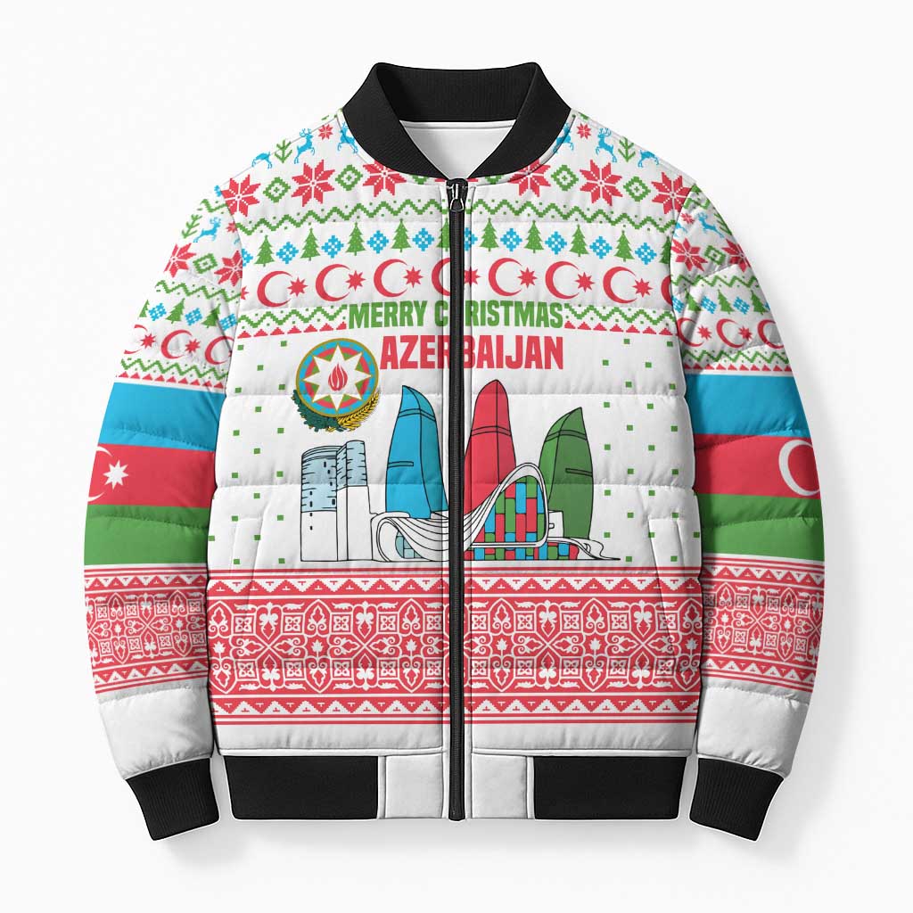 Azerbaijan Christmas Bomber Puffer Jacket with Baku Skyline Azerbaijan Flag and Red Green Snowflake Pattern Design - Wonder Print Shop
