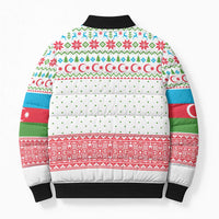 Azerbaijan Christmas Bomber Puffer Jacket with Baku Skyline Azerbaijan Flag and Red Green Snowflake Pattern Design - Wonder Print Shop
