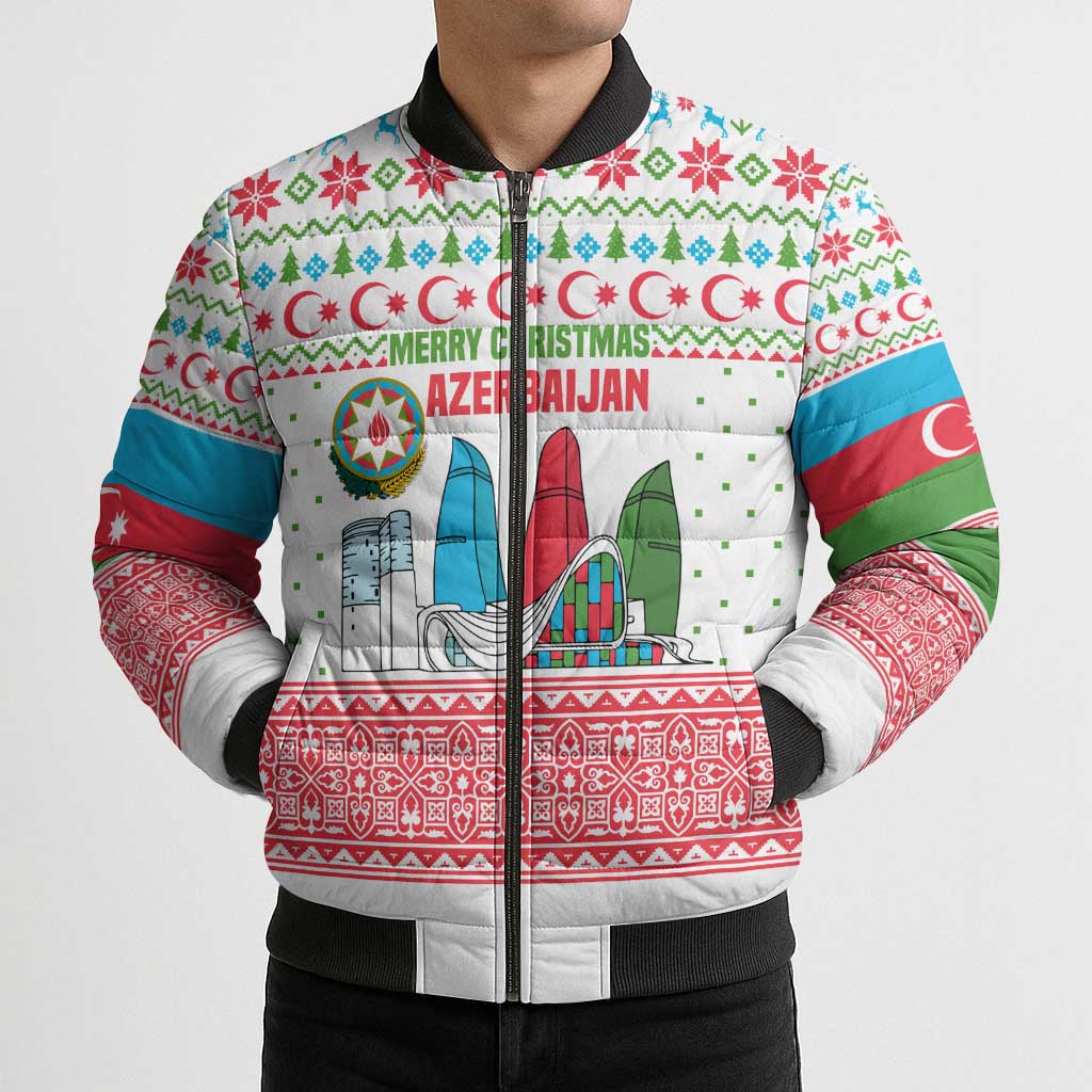 Azerbaijan Christmas Bomber Puffer Jacket with Baku Skyline Azerbaijan Flag and Red Green Snowflake Pattern Design - Wonder Print Shop