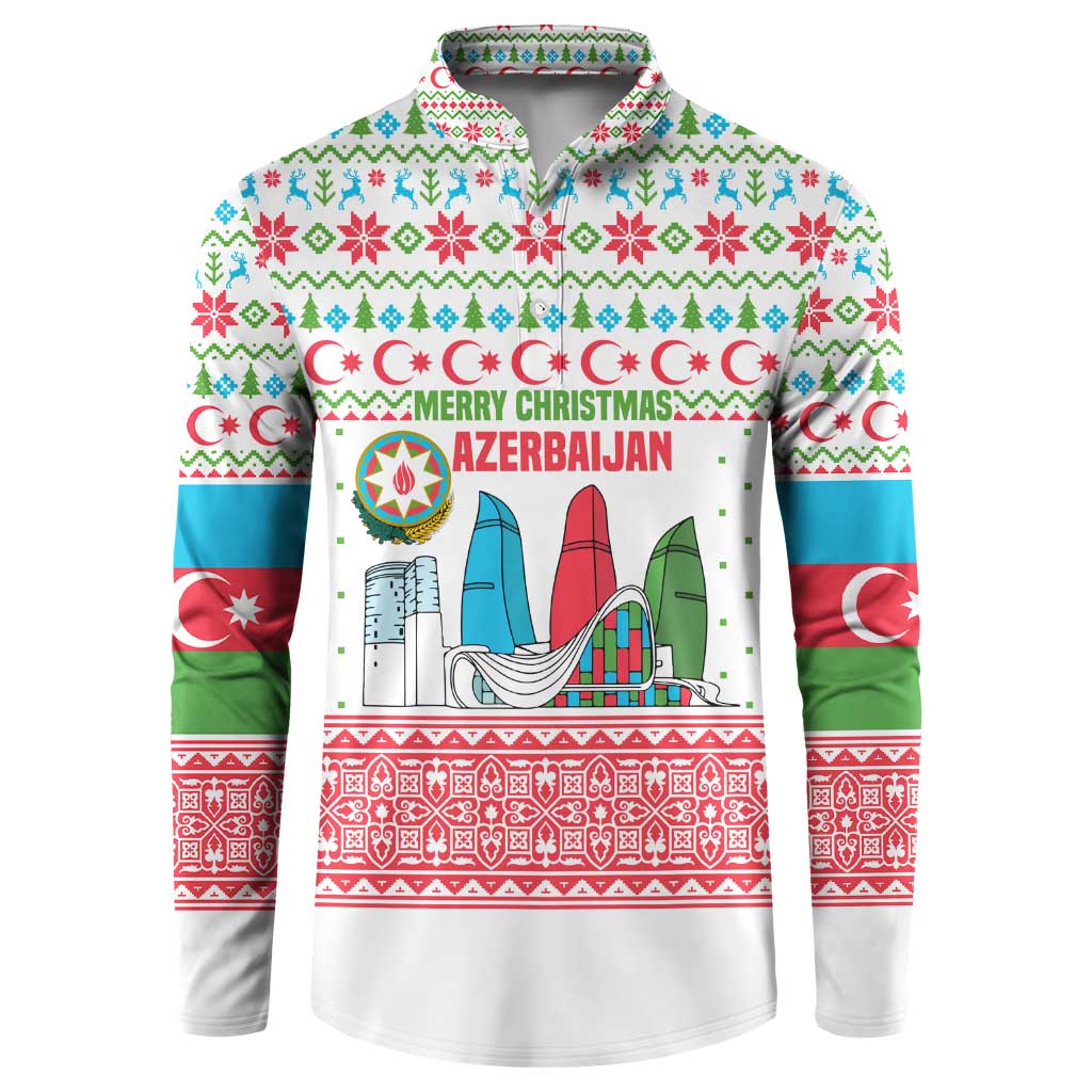 Azerbaijan Christmas Button Sweatshirt with Baku Skyline Azerbaijan Flag and Red Green Snowflake Pattern Design - Wonder Print Shop