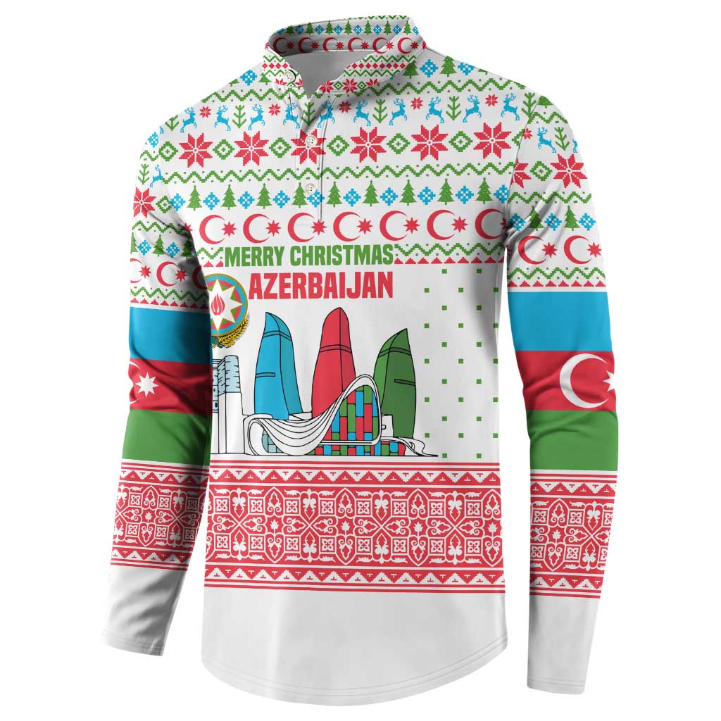 Azerbaijan Christmas Button Sweatshirt with Baku Skyline Azerbaijan Flag and Red Green Snowflake Pattern Design - Wonder Print Shop