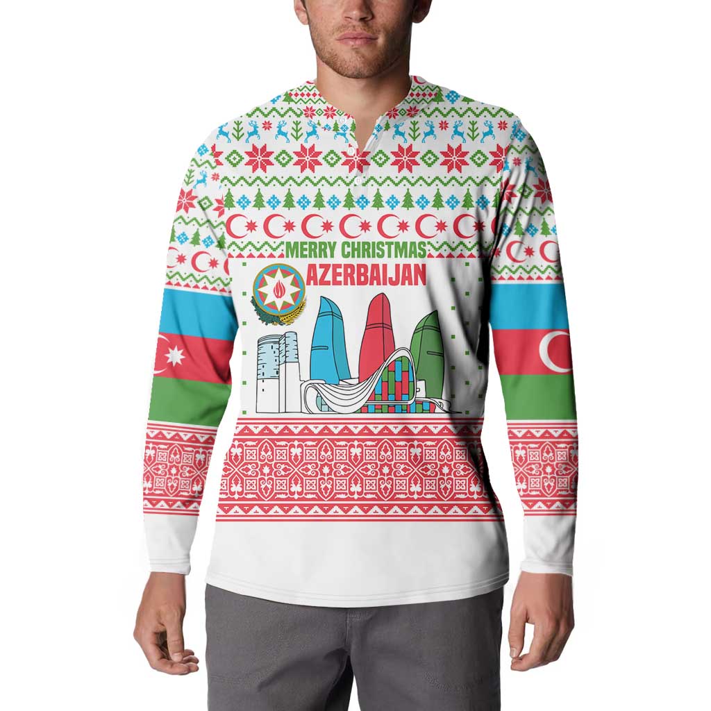 Azerbaijan Christmas Button Sweatshirt with Baku Skyline Azerbaijan Flag and Red Green Snowflake Pattern Design - Wonder Print Shop