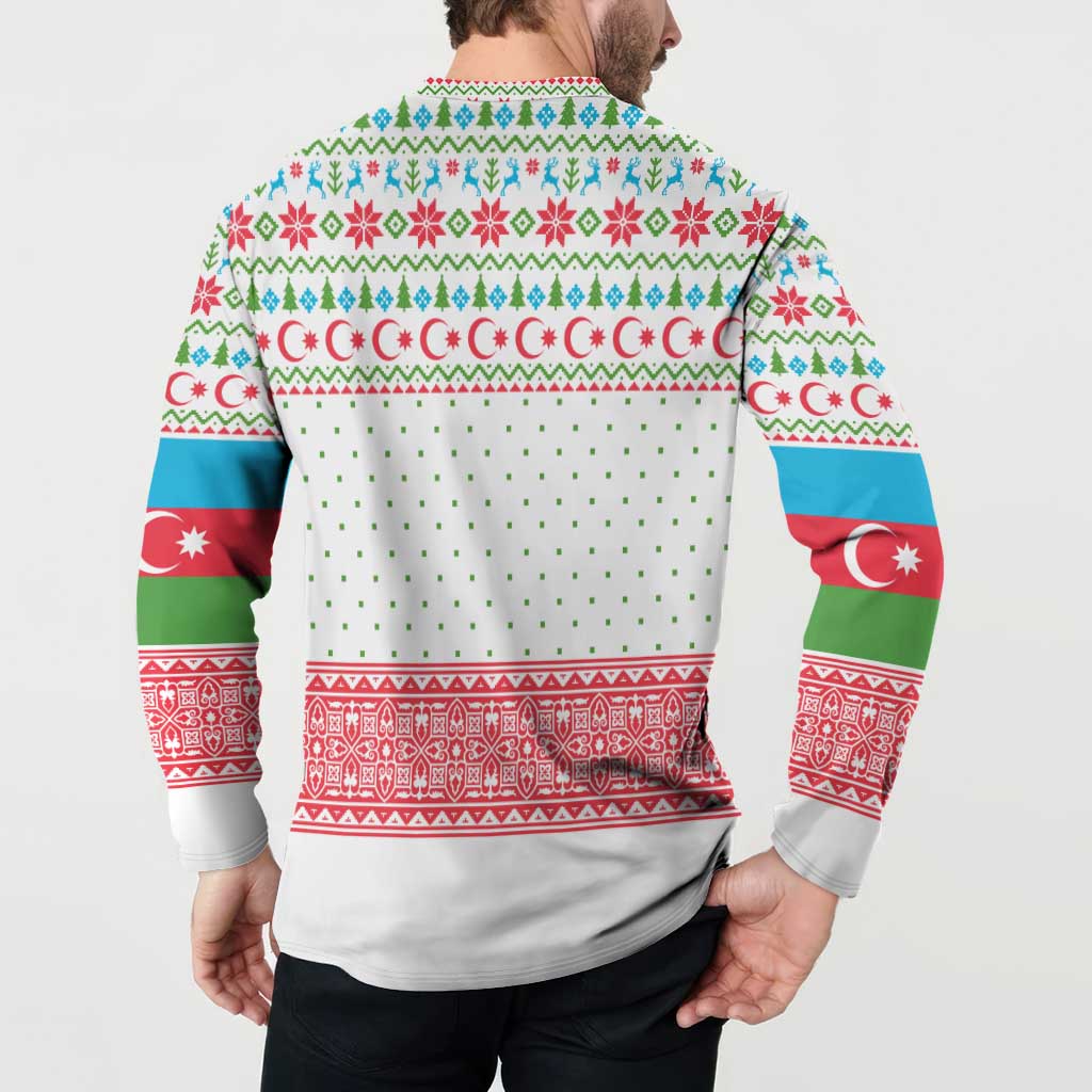 Azerbaijan Christmas Button Sweatshirt with Baku Skyline Azerbaijan Flag and Red Green Snowflake Pattern Design - Wonder Print Shop