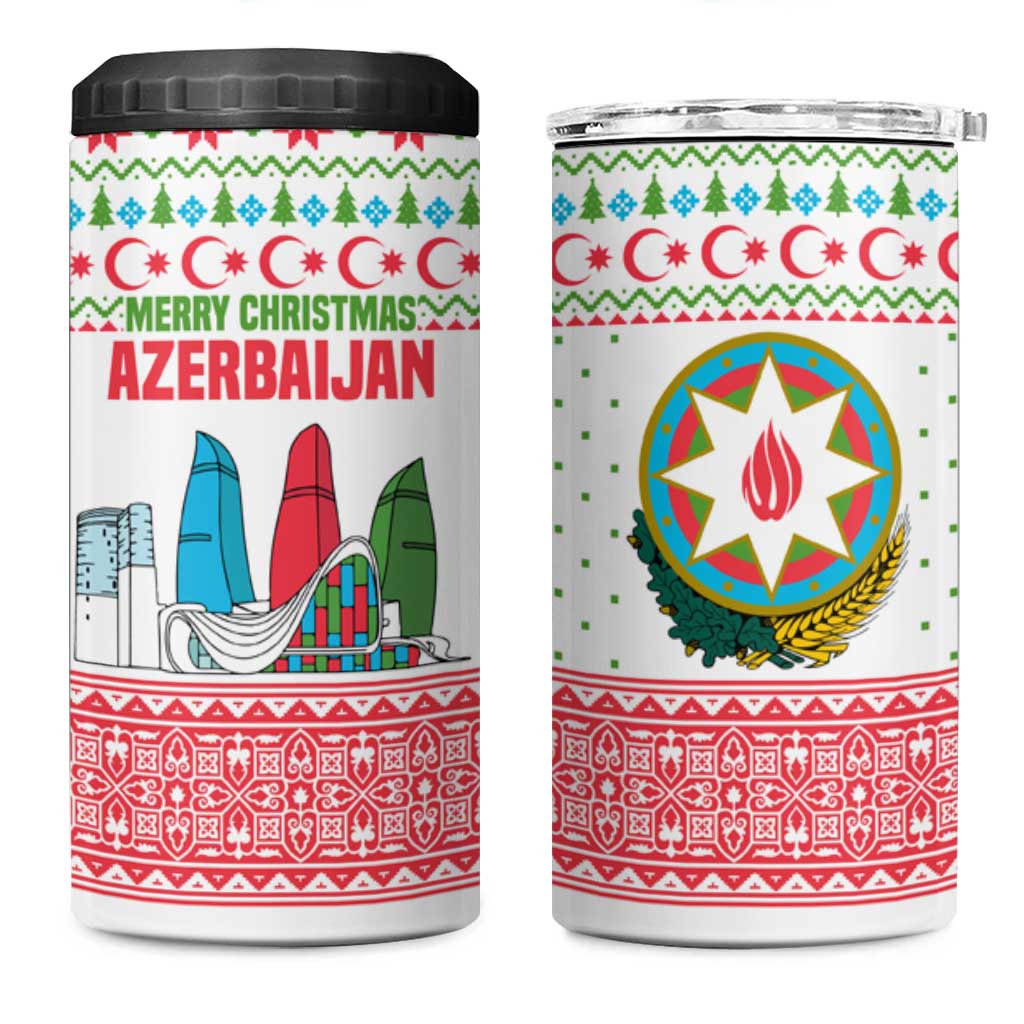 Azerbaijan Christmas 4 in 1 Can Cooler Tumbler with Baku Skyline Azerbaijan Flag and Red Green Snowflake Pattern Design - Wonder Print Shop