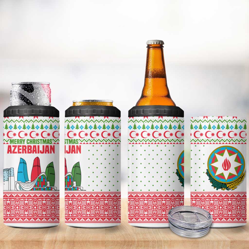 Azerbaijan Christmas 4 in 1 Can Cooler Tumbler with Baku Skyline Azerbaijan Flag and Red Green Snowflake Pattern Design - Wonder Print Shop