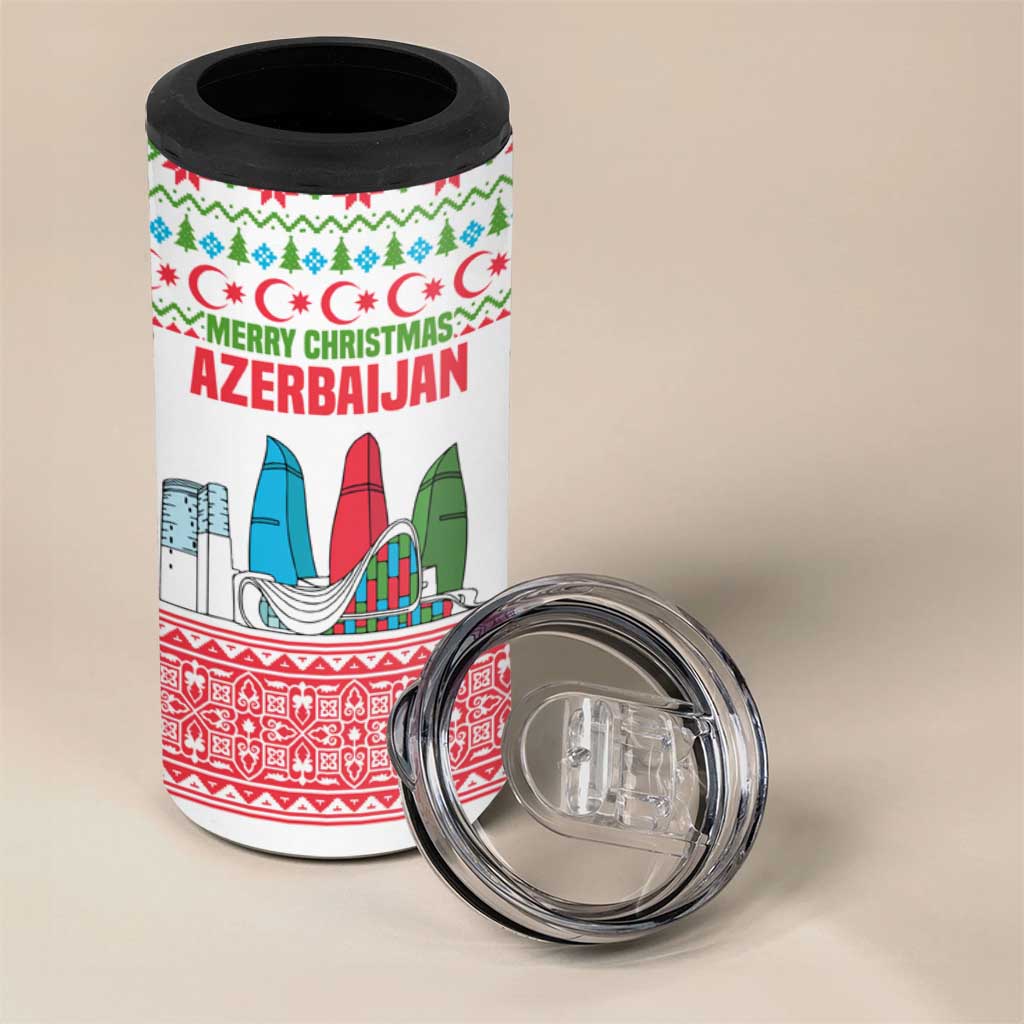 Azerbaijan Christmas 4 in 1 Can Cooler Tumbler with Baku Skyline Azerbaijan Flag and Red Green Snowflake Pattern Design - Wonder Print Shop