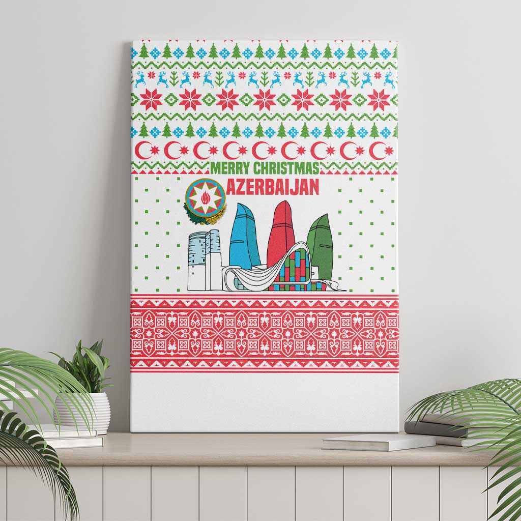 Azerbaijan Christmas Canvas Wall Art with Baku Skyline Azerbaijan Flag and Red Green Snowflake Pattern Design - Wonder Print Shop