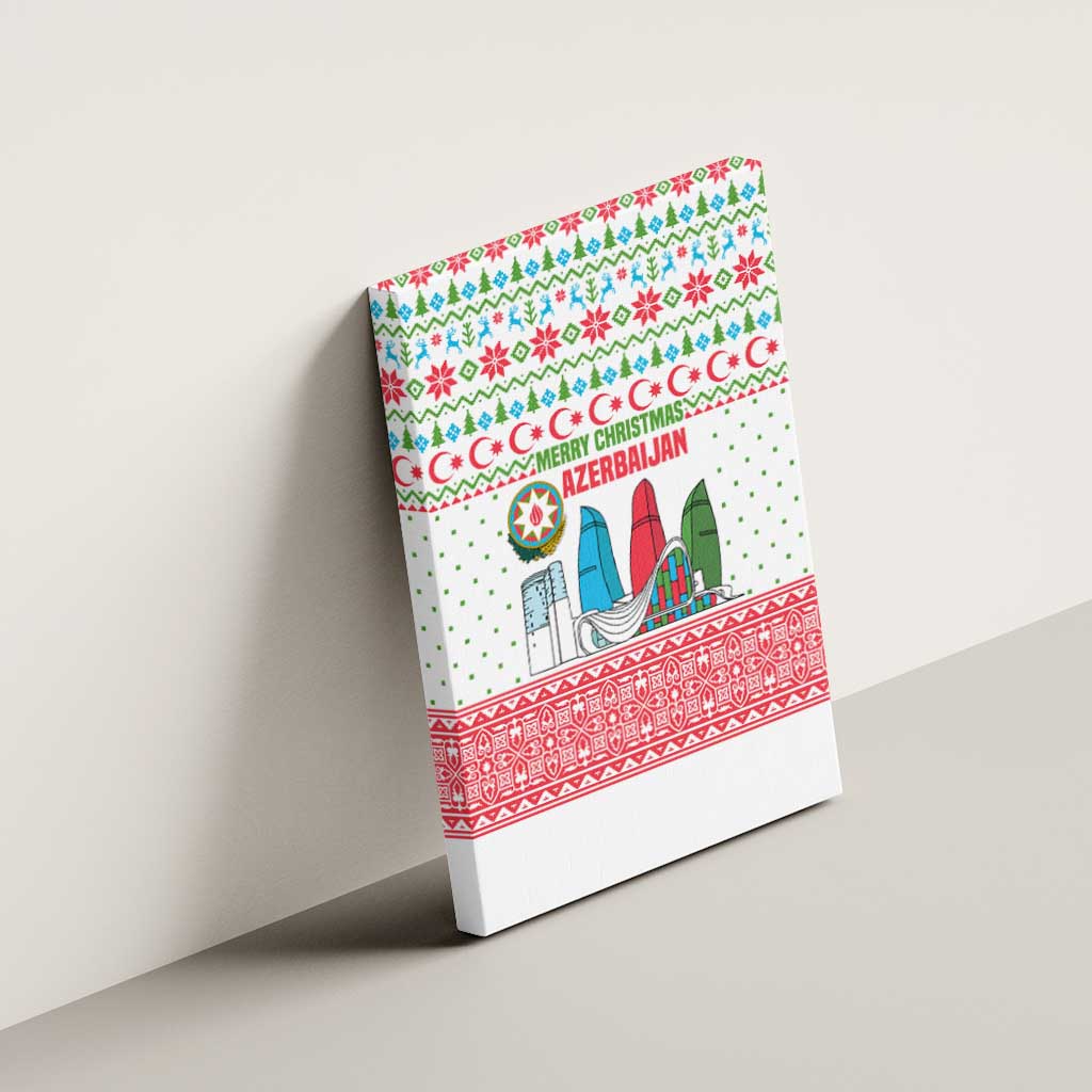 Azerbaijan Christmas Canvas Wall Art with Baku Skyline Azerbaijan Flag and Red Green Snowflake Pattern Design - Wonder Print Shop