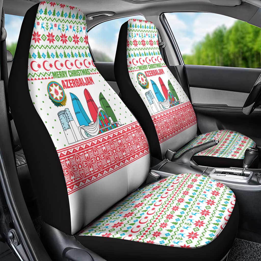Azerbaijan Christmas Car Seat Cover with Baku Skyline Azerbaijan Flag and Red Green Snowflake Pattern Design - Wonder Print Shop