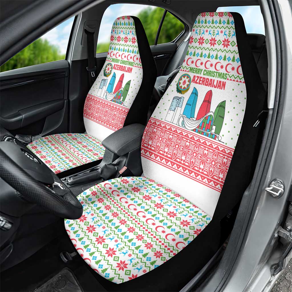 Azerbaijan Christmas Car Seat Cover with Baku Skyline Azerbaijan Flag and Red Green Snowflake Pattern Design - Wonder Print Shop