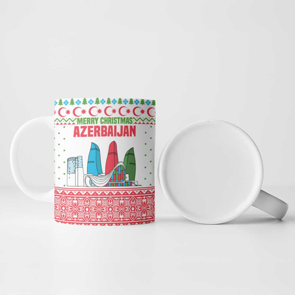 Azerbaijan Christmas Ceramic Mug with Baku Skyline Azerbaijan Flag and Red Green Snowflake Pattern Design - Wonder Print Shop