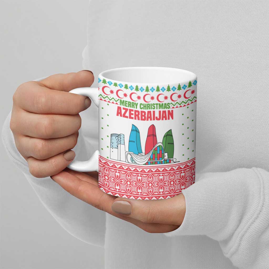 Azerbaijan Christmas Ceramic Mug with Baku Skyline Azerbaijan Flag and Red Green Snowflake Pattern Design - Wonder Print Shop