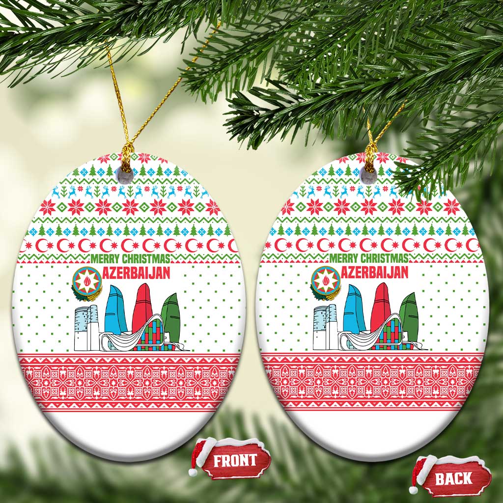 Azerbaijan Christmas Ceramic Ornament with Baku Skyline Azerbaijan Flag and Red Green Snowflake Pattern Design - Wonder Print Shop