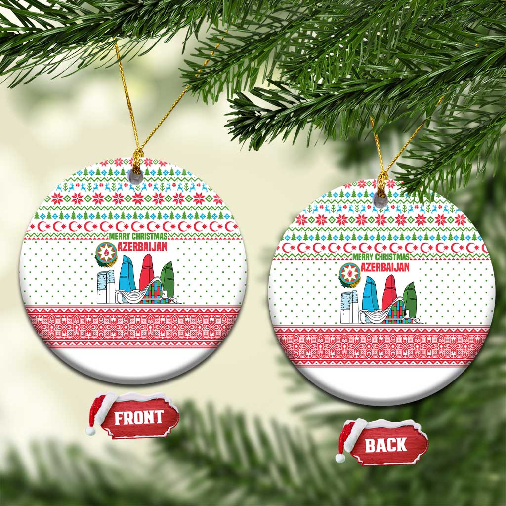 Azerbaijan Christmas Ceramic Ornament with Baku Skyline Azerbaijan Flag and Red Green Snowflake Pattern Design - Wonder Print Shop