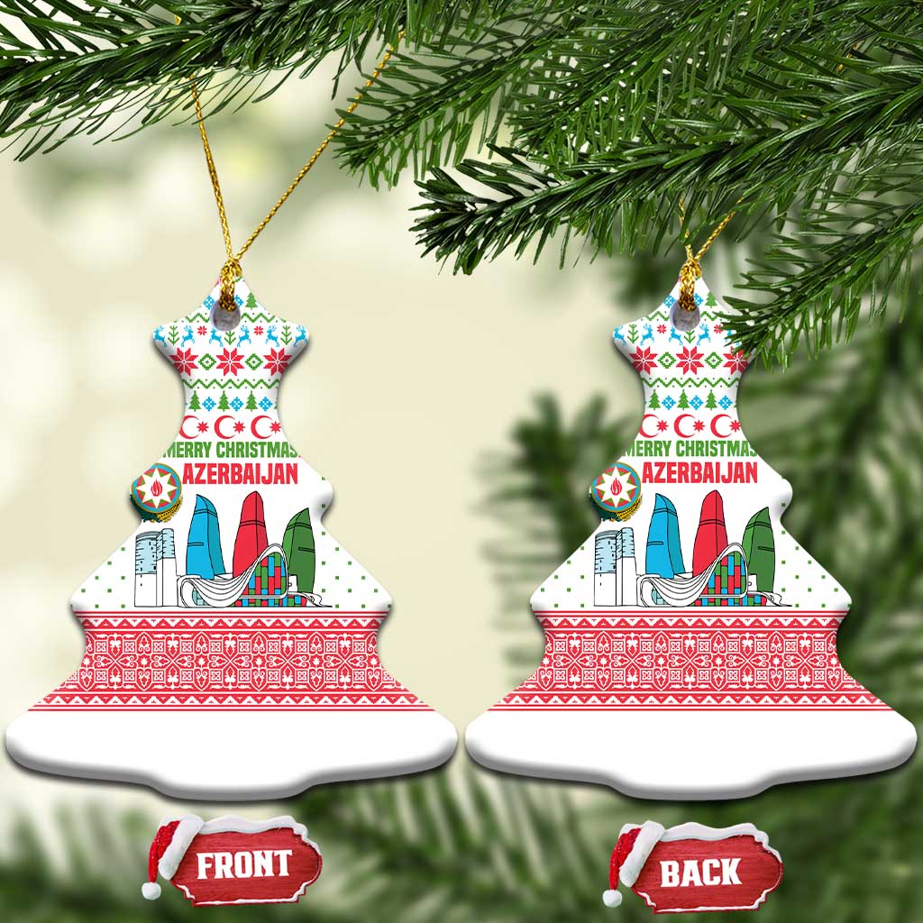 Azerbaijan Christmas Ceramic Ornament with Baku Skyline Azerbaijan Flag and Red Green Snowflake Pattern Design - Wonder Print Shop