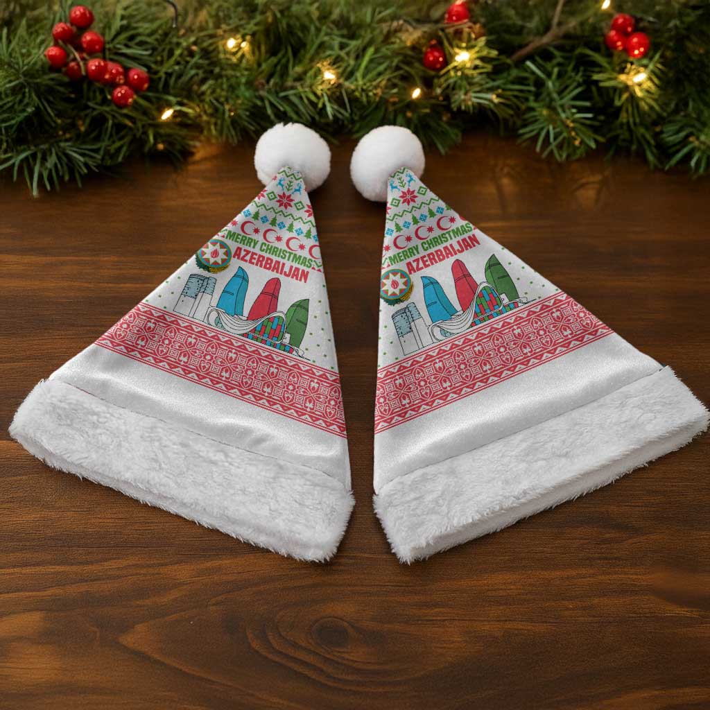 Azerbaijan Christmas Santa Hat with Baku Skyline Azerbaijan Flag and Red Green Snowflake Pattern Design - Wonder Print Shop