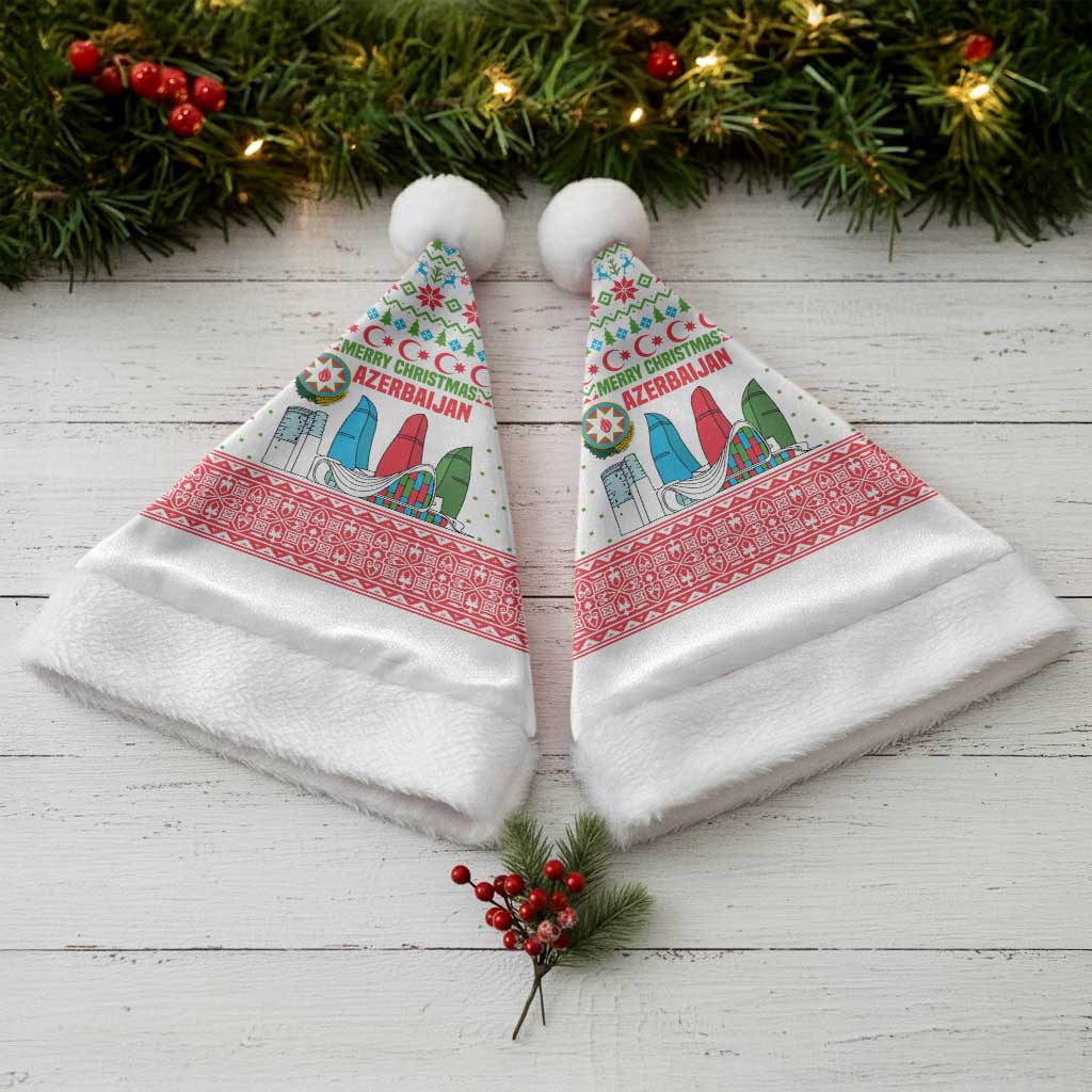 Azerbaijan Christmas Santa Hat with Baku Skyline Azerbaijan Flag and Red Green Snowflake Pattern Design - Wonder Print Shop