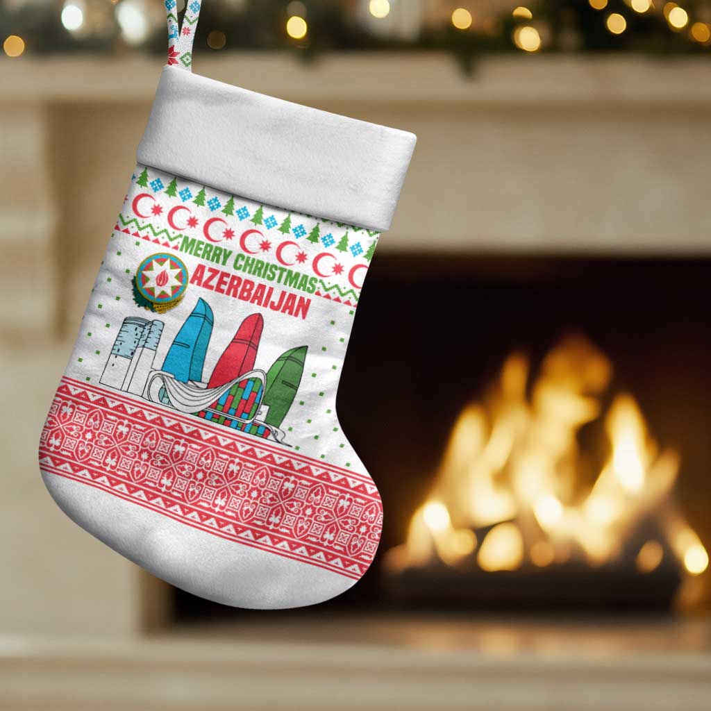 Azerbaijan Christmas Stocking with Baku Skyline Azerbaijan Flag and Red Green Snowflake Pattern Design - Wonder Print Shop