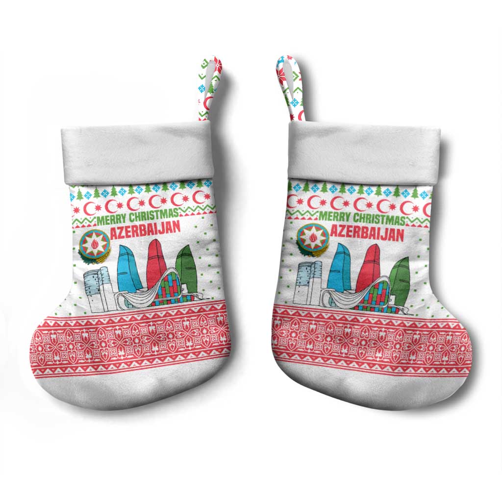 Azerbaijan Christmas Stocking with Baku Skyline Azerbaijan Flag and Red Green Snowflake Pattern Design - Wonder Print Shop