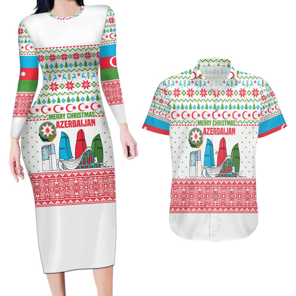 Azerbaijan Christmas Couples Matching Long Sleeve Bodycon Dress and Hawaiian Shirt with Baku Skyline Azerbaijan Flag and Red Green Snowflake Pattern Design - Wonder Print Shop