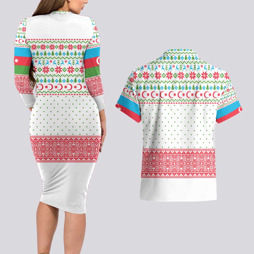 Azerbaijan Christmas Couples Matching Long Sleeve Bodycon Dress and Hawaiian Shirt with Baku Skyline Azerbaijan Flag and Red Green Snowflake Pattern Design - Wonder Print Shop