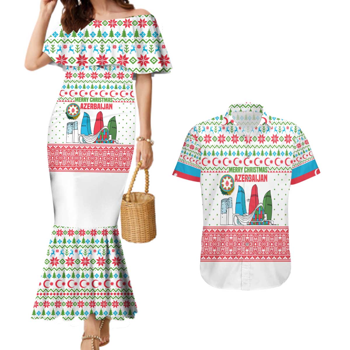 Azerbaijan Christmas Couples Matching Mermaid Dress and Hawaiian Shirt with Baku Skyline Azerbaijan Flag and Red Green Snowflake Pattern Design - Wonder Print Shop