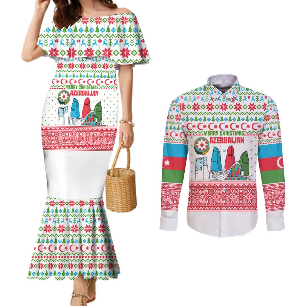 Azerbaijan Christmas Couples Matching Mermaid Dress and Long Sleeve Button Shirt with Baku Skyline Azerbaijan Flag and Red Green Snowflake Pattern Design - Wonder Print Shop