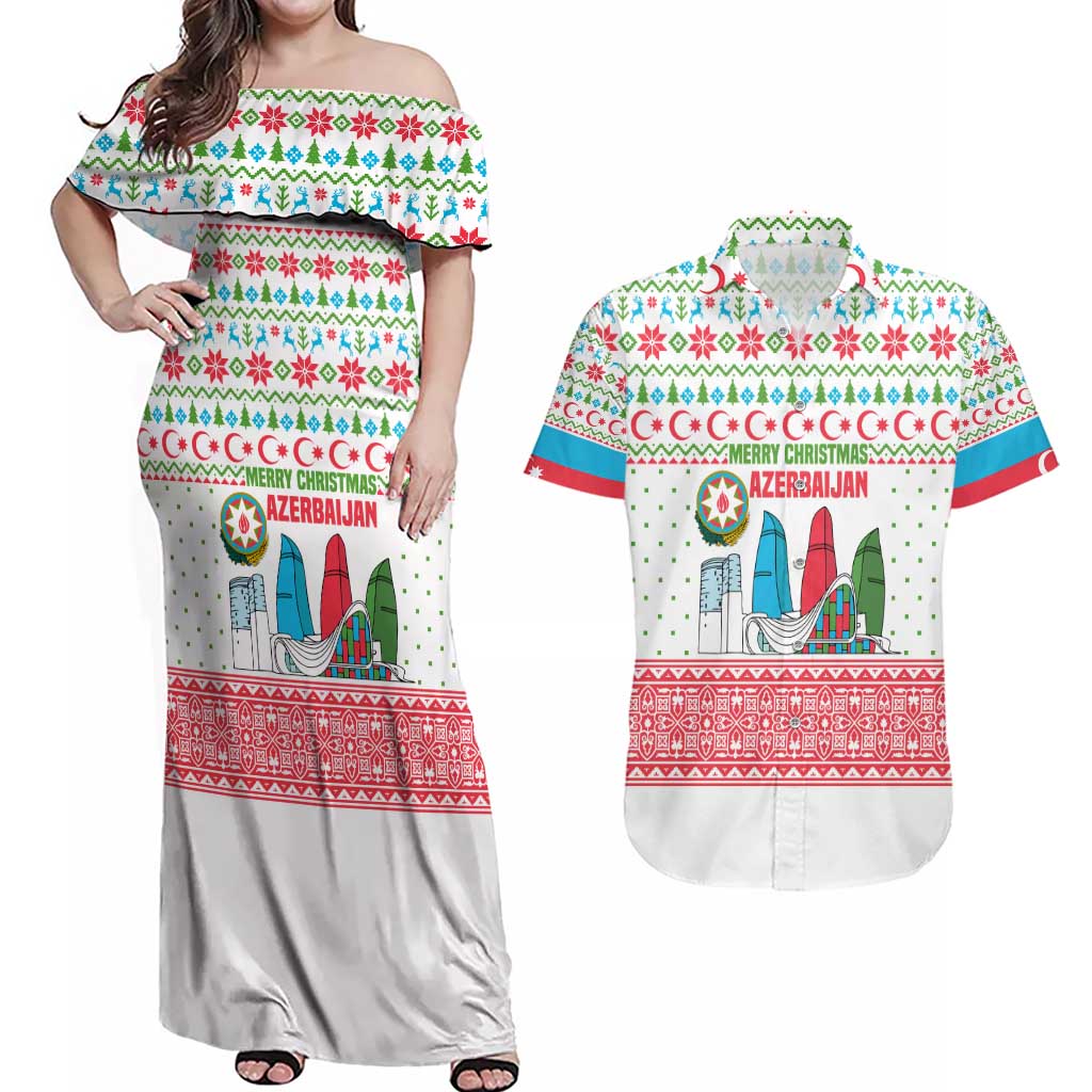 Azerbaijan Christmas Couples Matching Off Shoulder Maxi Dress and Hawaiian Shirt with Baku Skyline Azerbaijan Flag and Red Green Snowflake Pattern Design - Wonder Print Shop