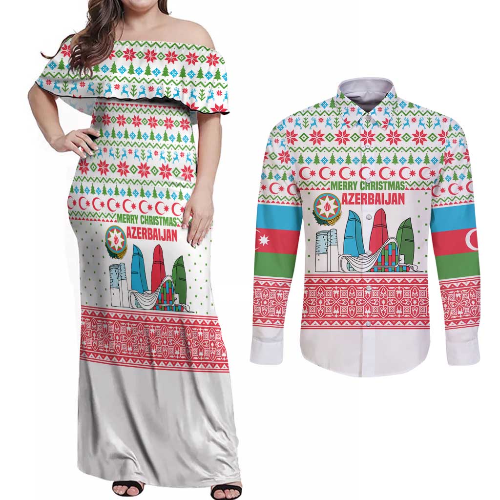 Azerbaijan Christmas Couples Matching Off Shoulder Maxi Dress and Long Sleeve Button Shirt with Baku Skyline Azerbaijan Flag and Red Green Snowflake Pattern Design - Wonder Print Shop