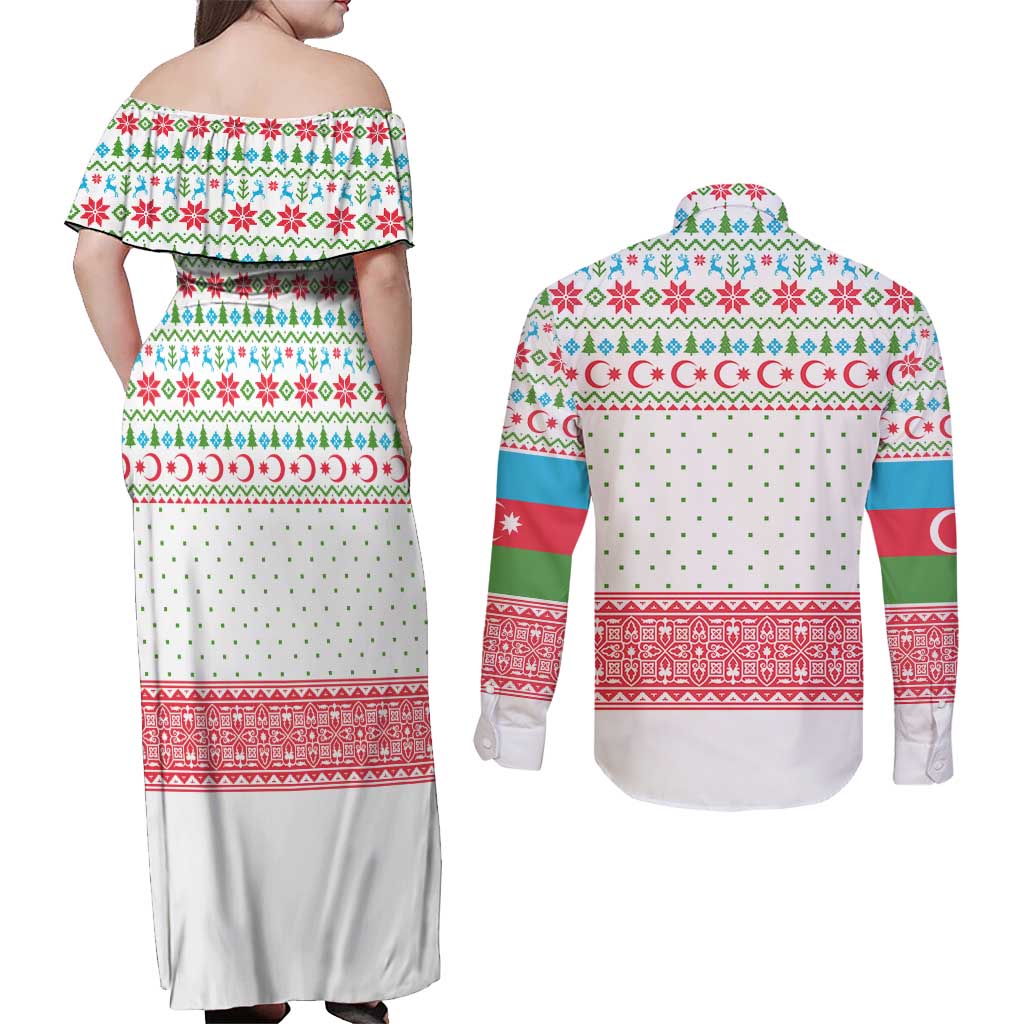 Azerbaijan Christmas Couples Matching Off Shoulder Maxi Dress and Long Sleeve Button Shirt with Baku Skyline Azerbaijan Flag and Red Green Snowflake Pattern Design - Wonder Print Shop