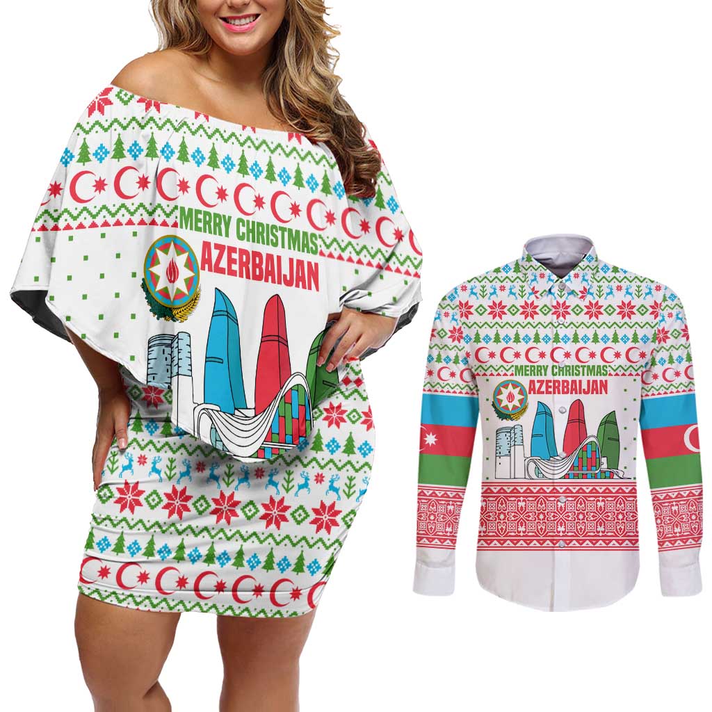 Azerbaijan Christmas Couples Matching Off Shoulder Short Dress and Long Sleeve Button Shirt with Baku Skyline Azerbaijan Flag and Red Green Snowflake Pattern Design - Wonder Print Shop