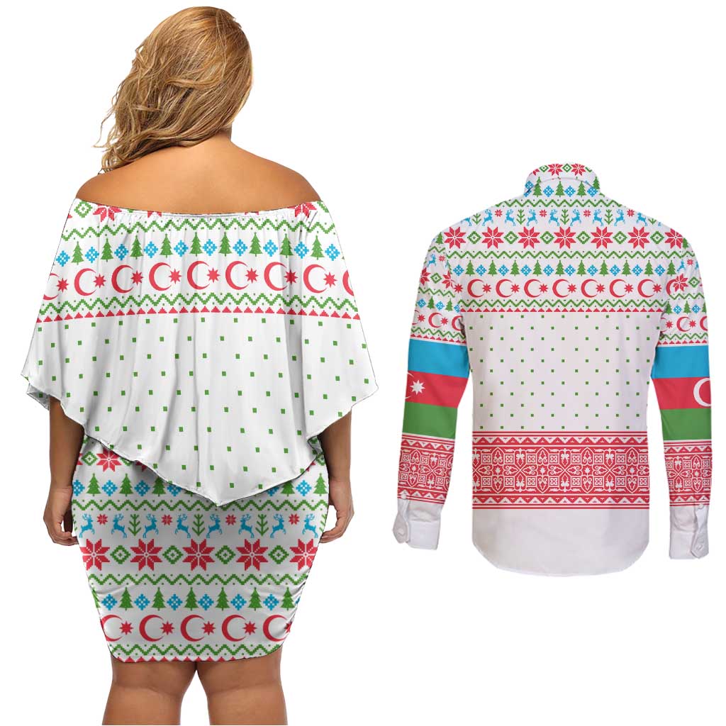 Azerbaijan Christmas Couples Matching Off Shoulder Short Dress and Long Sleeve Button Shirt with Baku Skyline Azerbaijan Flag and Red Green Snowflake Pattern Design - Wonder Print Shop