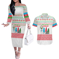 Azerbaijan Christmas Couples Matching Off The Shoulder Long Sleeve Dress and Hawaiian Shirt with Baku Skyline Azerbaijan Flag and Red Green Snowflake Pattern Design - Wonder Print Shop