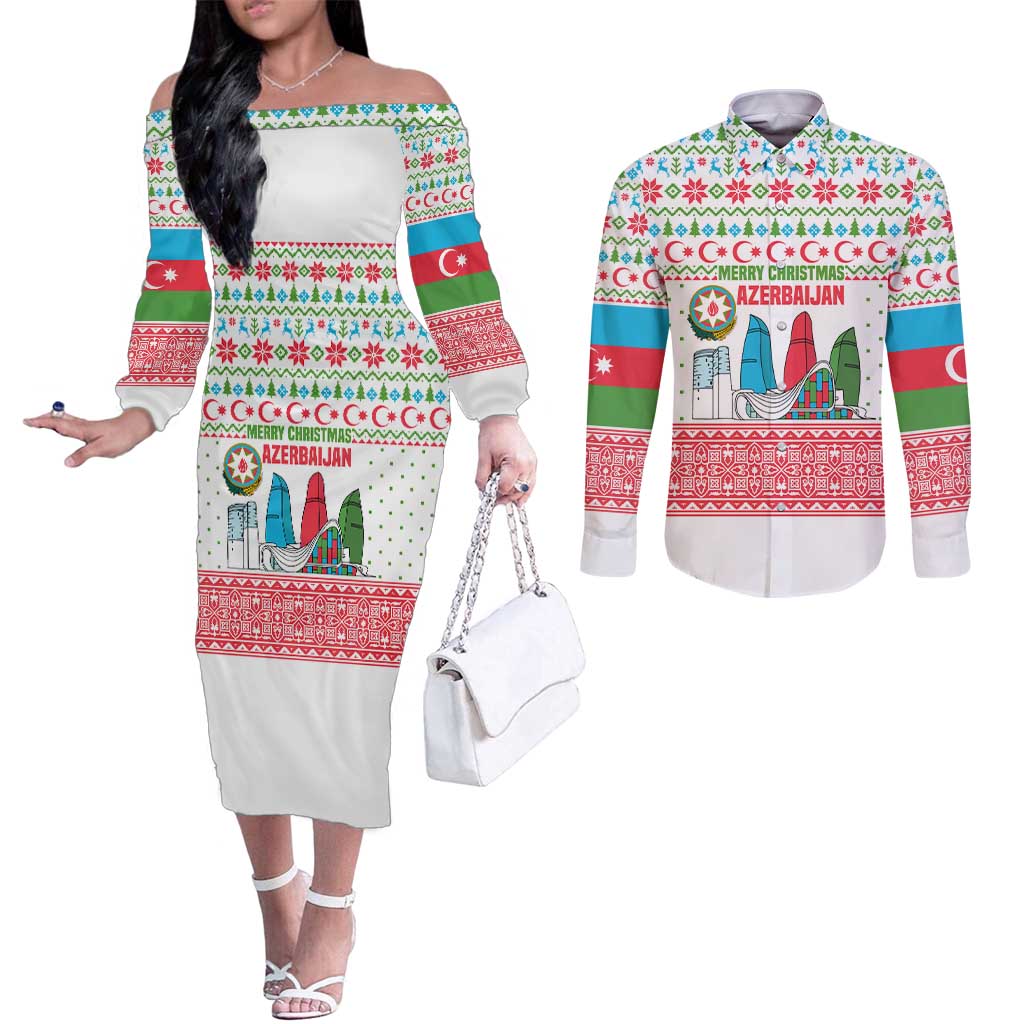 Azerbaijan Christmas Couples Matching Off The Shoulder Long Sleeve Dress and Long Sleeve Button Shirt with Baku Skyline Azerbaijan Flag and Red Green Snowflake Pattern Design - Wonder Print Shop