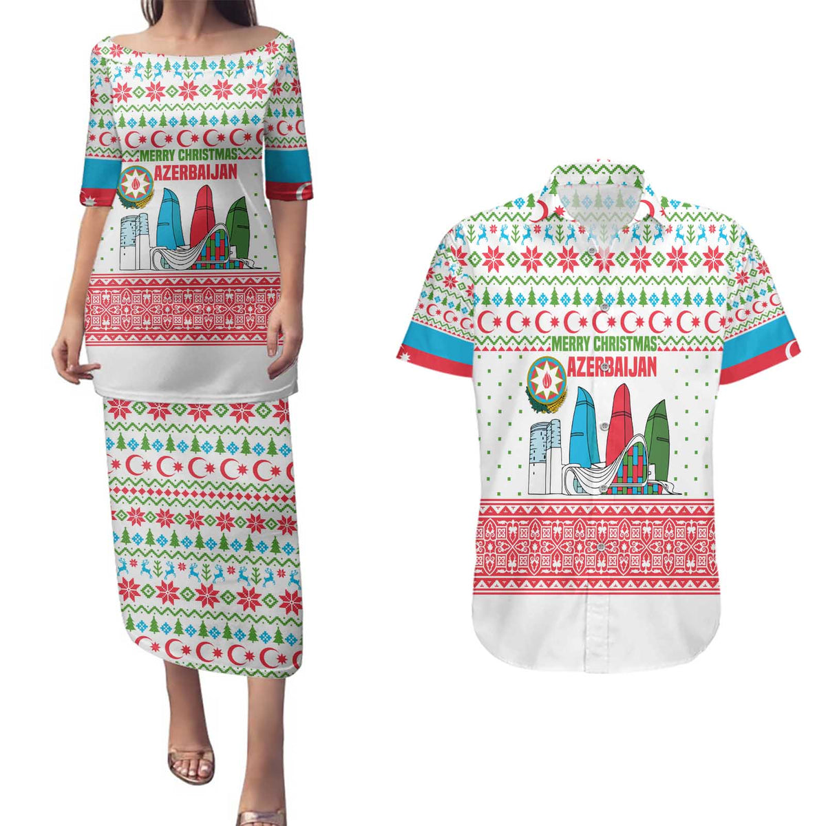 Azerbaijan Christmas Couples Matching Puletasi and Hawaiian Shirt with Baku Skyline Azerbaijan Flag and Red Green Snowflake Pattern Design - Wonder Print Shop