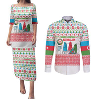 Azerbaijan Christmas Couples Matching Puletasi and Long Sleeve Button Shirt with Baku Skyline Azerbaijan Flag and Red Green Snowflake Pattern Design - Wonder Print Shop