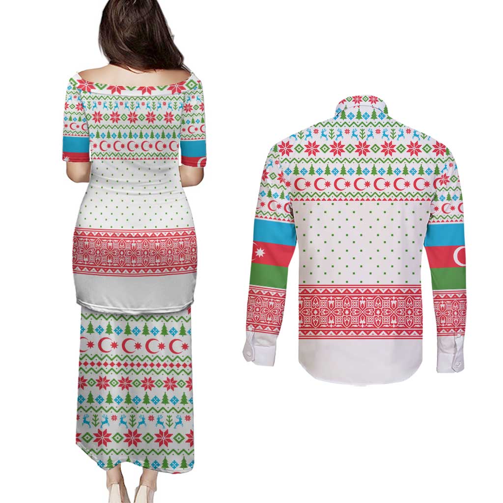 Azerbaijan Christmas Couples Matching Puletasi and Long Sleeve Button Shirt with Baku Skyline Azerbaijan Flag and Red Green Snowflake Pattern Design - Wonder Print Shop